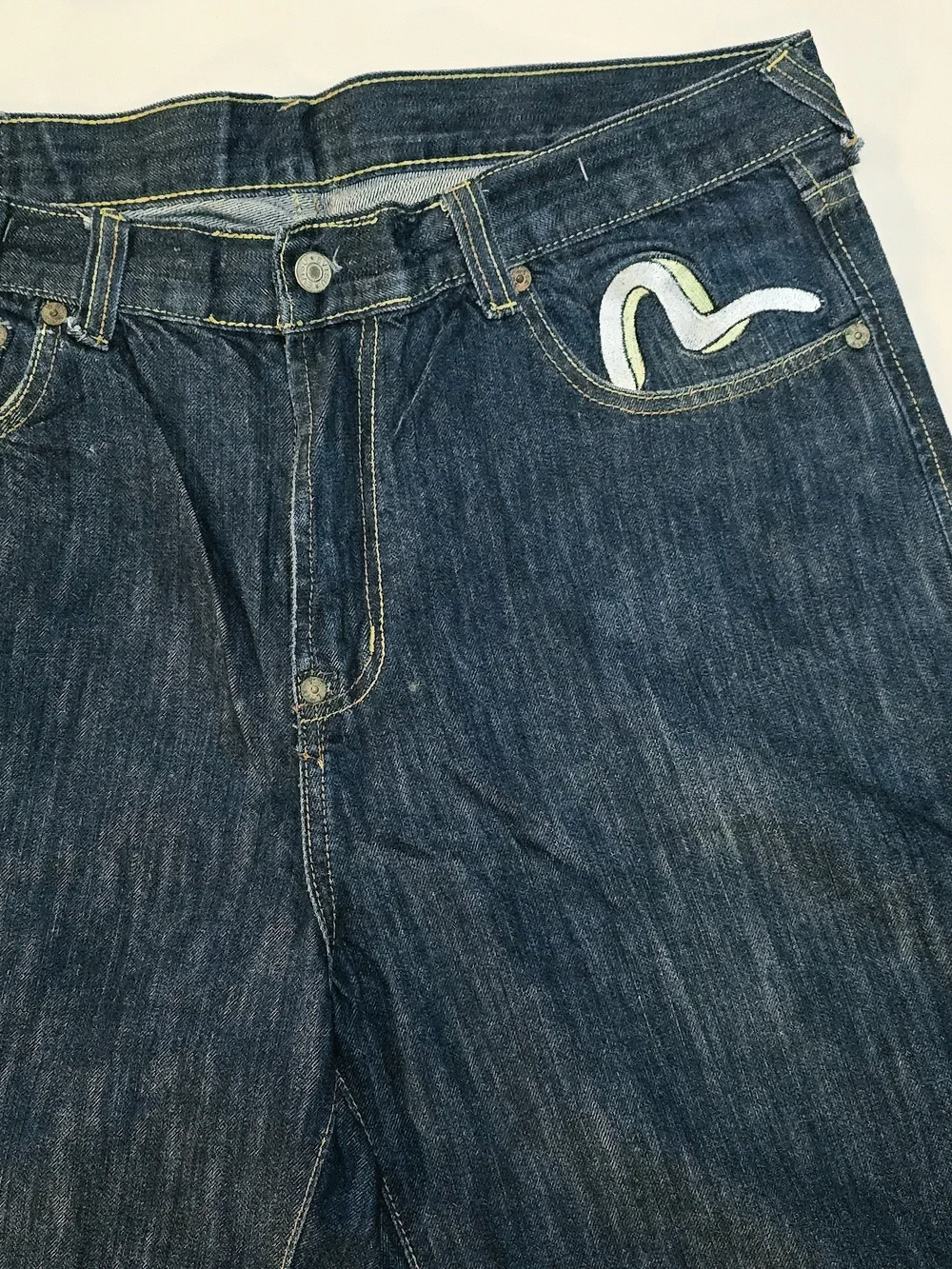 Evisu Men's Dark Blue Denim Shorts with Yellow Topstitching